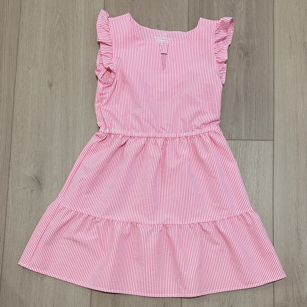 Vineyard Vines Pink White Seersucker Flutter Sleeve Dress Girls Medium 12-14